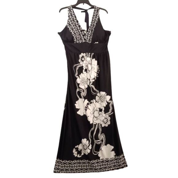Olivia Matthews Black And White Haulter Top Large Floral Print Maxi Dress Sz XL - Picture 1 of 7
